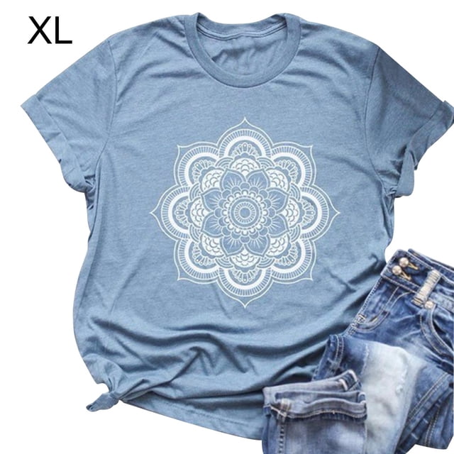 Camiseta de mujer Floral Manga corta Top Blusa de verano con cuello redondo, Azul claro, XL seitruly AP002559-28