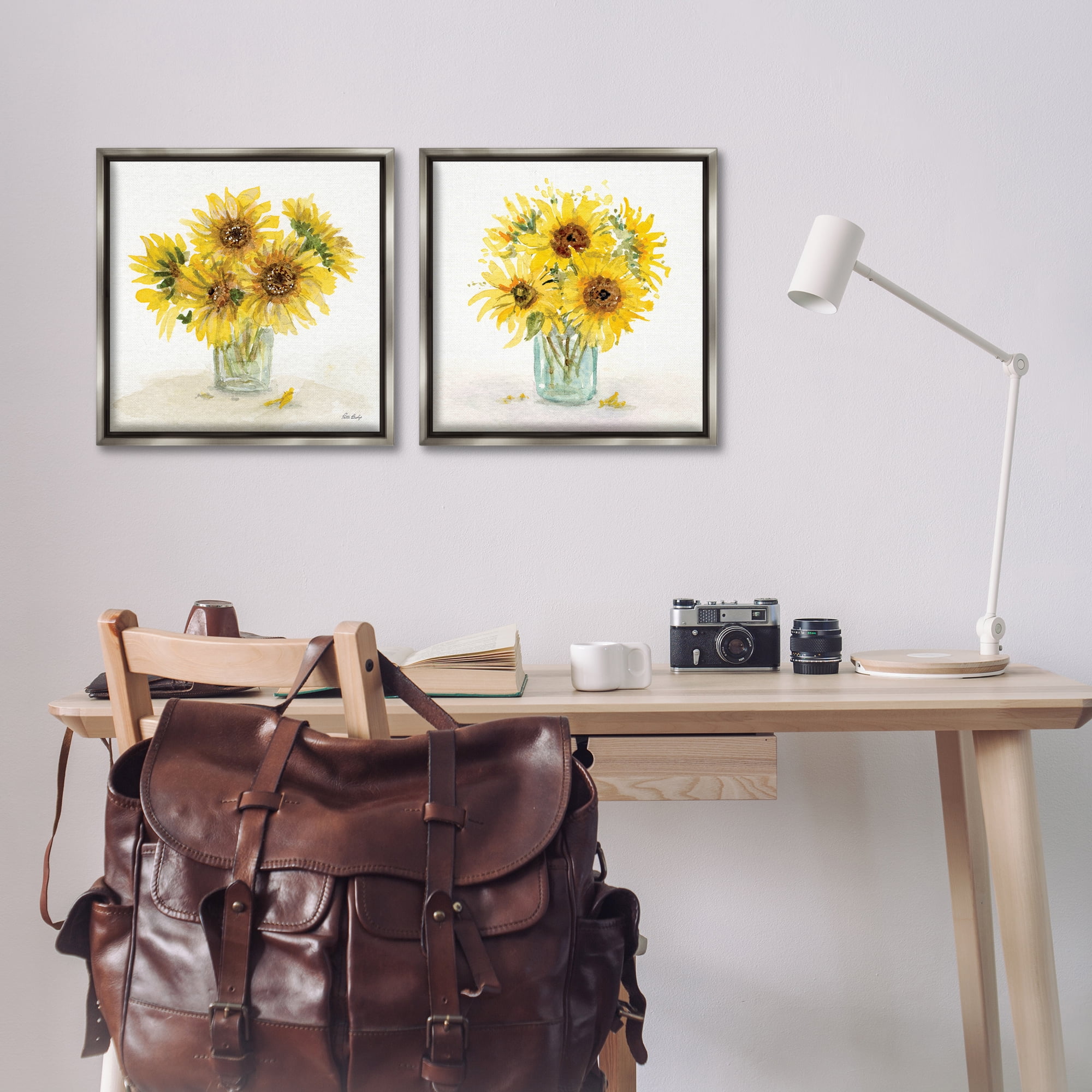 Stupell Industries Sunflower Bouquet Jar Plants & Flowers Painting Gray Floater Framed Canvas Art Print Wall Art, 18 x 18, Set of 2