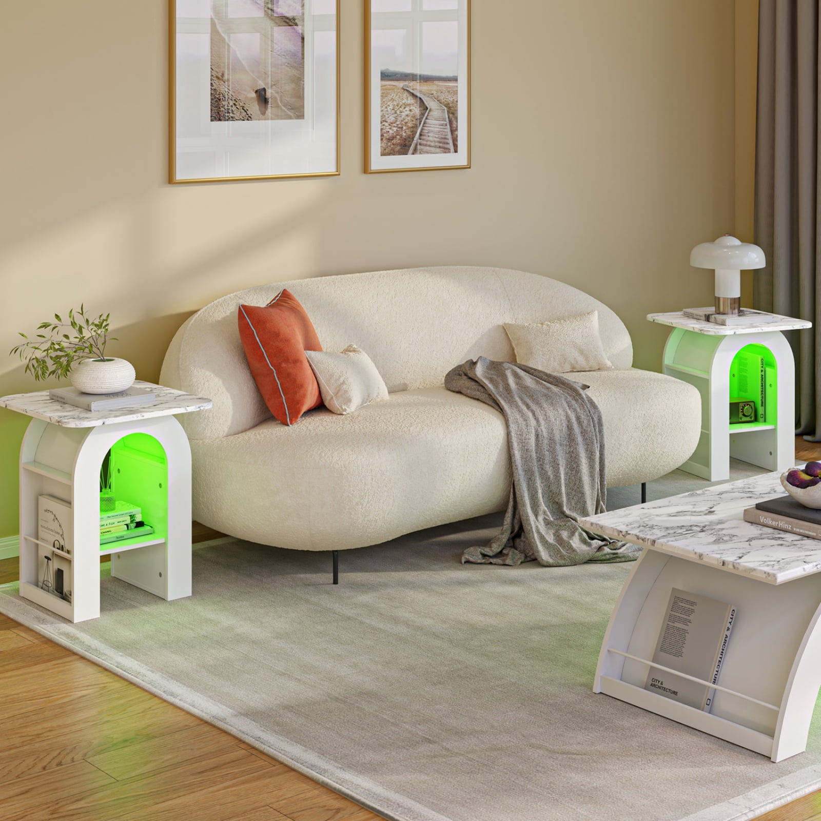 Small End Tables Living Room Set of 2 for Small Spaces, 19"W Marble Look Top Nightstand with RGB Strip, Side Table with Storage Shelf(White)