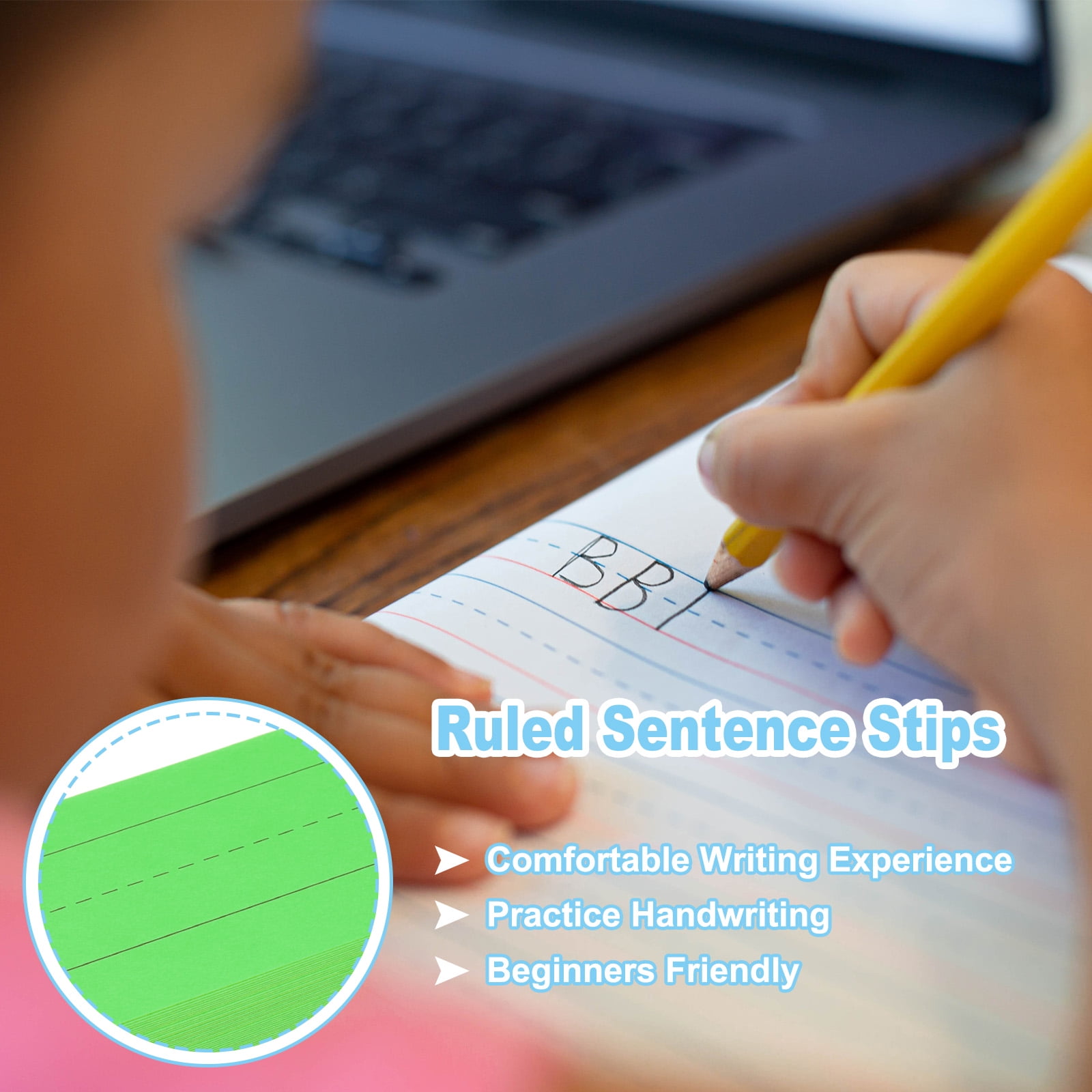 Uxcell 100 Sheets Ruled Sentence Strips, 3" x 17" Cardstock 250GSM Writing Paper Blue Red Lined for Classrooms, 5 Colors