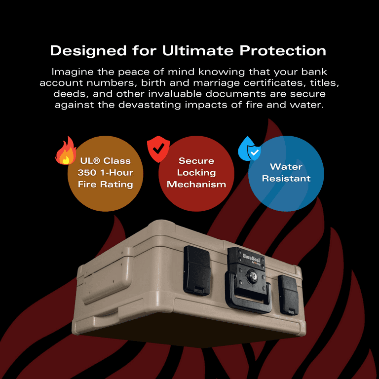 Fire and Waterproof Chest, 0.38 cu ft, 19.9w x 17d x 7.3h, Taupe Fire and Waterproof Chest, 0.38 cu ft, 19.9w x 17d x 7.3h, Taupe