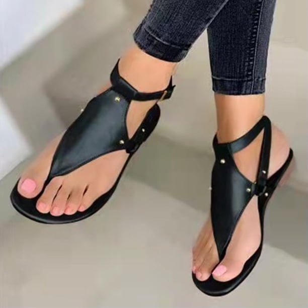 Sandalias de playa para mujer Sandalias planas con correa de hebilla de color sólido para zapatos de playa de verano
