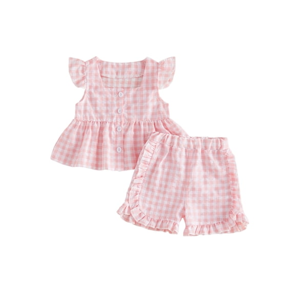 Loicainy Toddler Baby Girls 2Pcs Plaid Outfits 6 12 18 24 Months 2T 3T 4T Flying Sleeve Square Neck Tops and Elastic Waist Shorts Summer Clothes Set