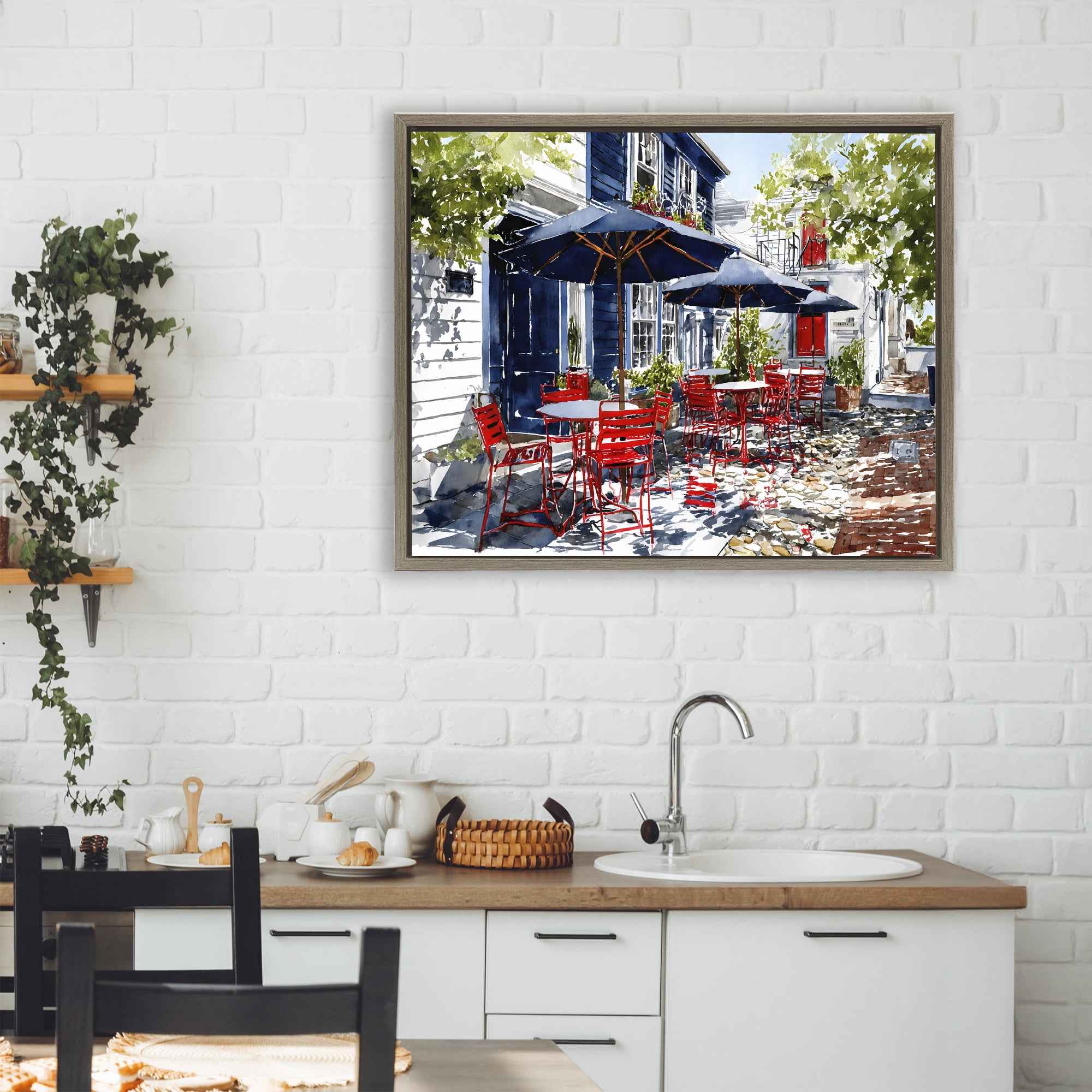Stupell Industries Cafe Classic Red Chairs Brown Framed Floater Canvas Wall Art, design by Franklyn Gregory