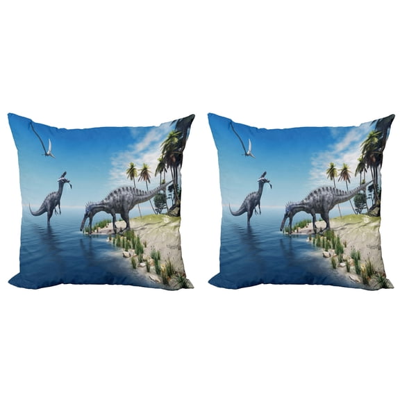 Ambesonne Animal Throw Pillow Cover 2 Pack, Wild Suchomimus Dinosaur, 24", Blue Green Grey