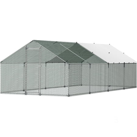 Large Walk-in Metal Chicken Coop with Waterproof Cover Outdoor Poultry Pen for Backyard Farm Use Grey and Silver Spire Roof Hen House Enclosure with Secure Lock