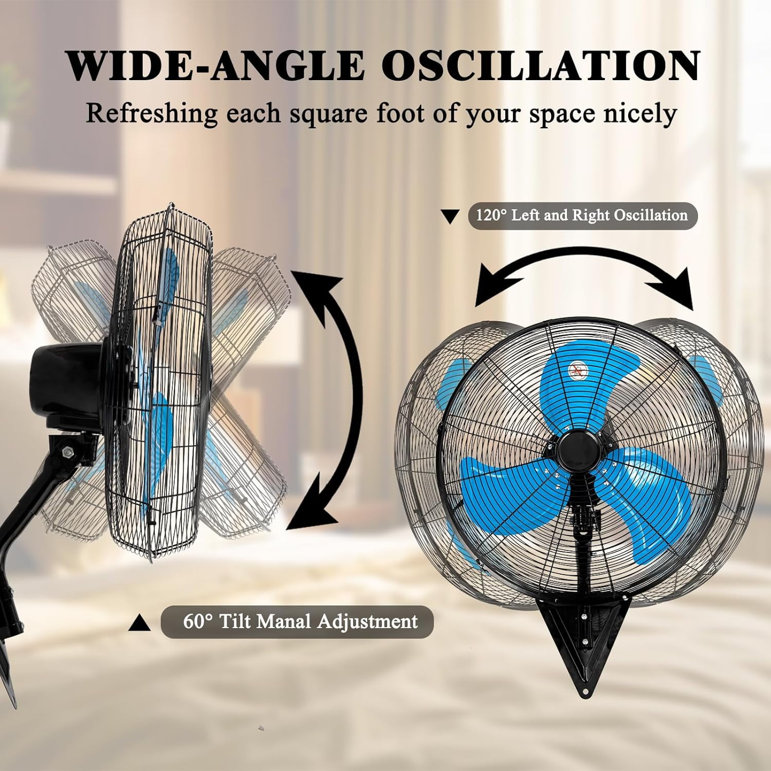 Wall Mount Fan 7000 CFM High Velocity Industrial 22 Inch Heavy Duty Fan with 3-Speed Oscillating Commercial Use for Warehouse, Garage, Factory, Blue