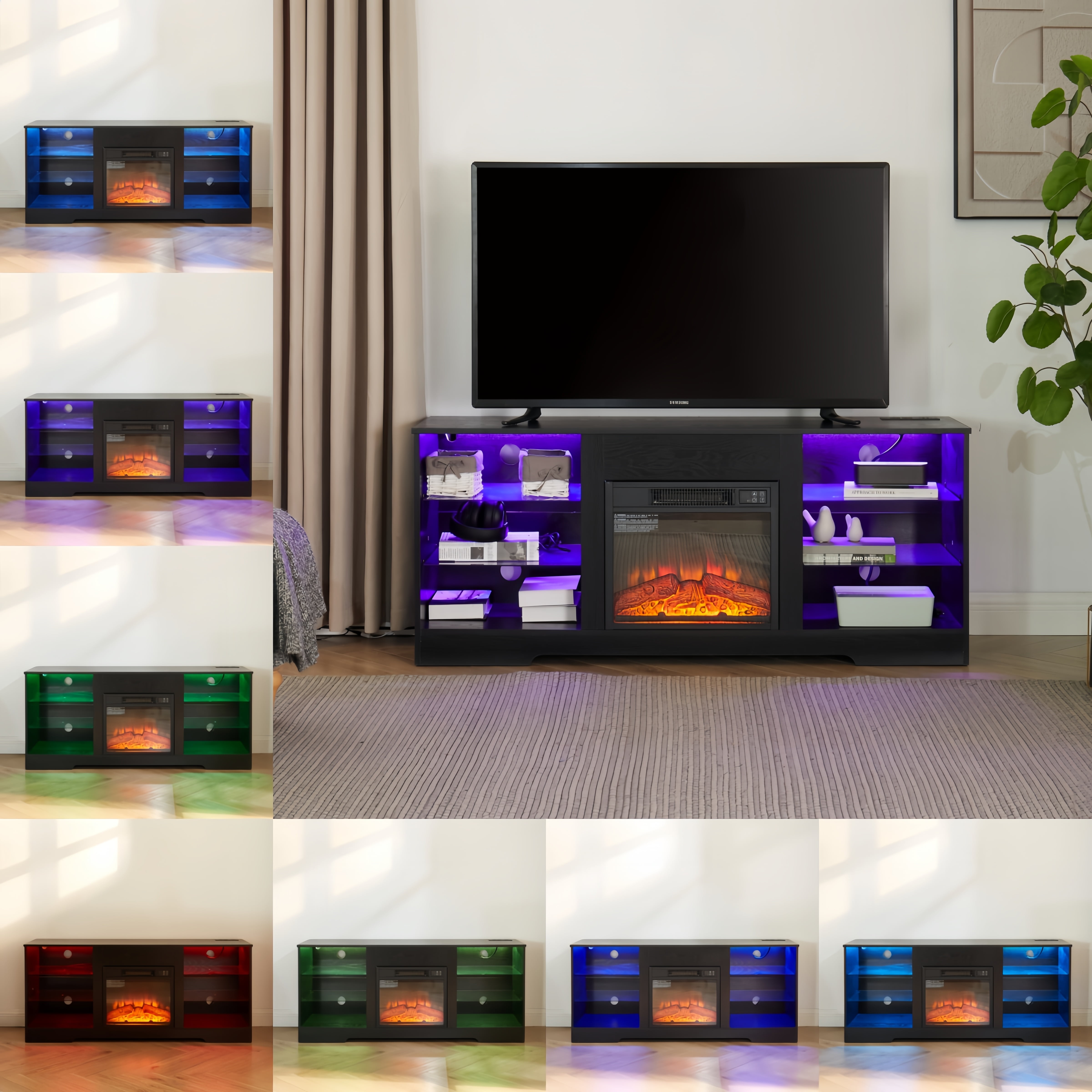 Aukfa Fireplace TV Stand for TVs up to 65" with LED & USB Charging Outlet for Living Room, Black