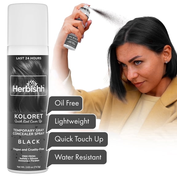 Herbishh Koloret Quick Root Touch Up Hair Color Spray Black (74.5g), Instant Gray & Black Root Cover Up, Temporary Hair Color Spray, Lightweight Non-Sticky Dye Mist, Travel Aerosol
