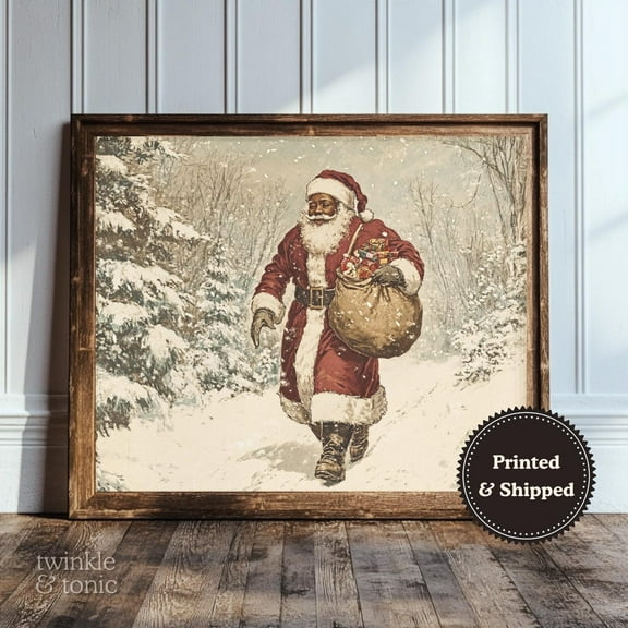 PosterArt Vintage Santa Claus Art Print Antique Winter Wall Décor Rustic Farmhouse Holiday Poster African American Theme, 8x12 UNFRAMED