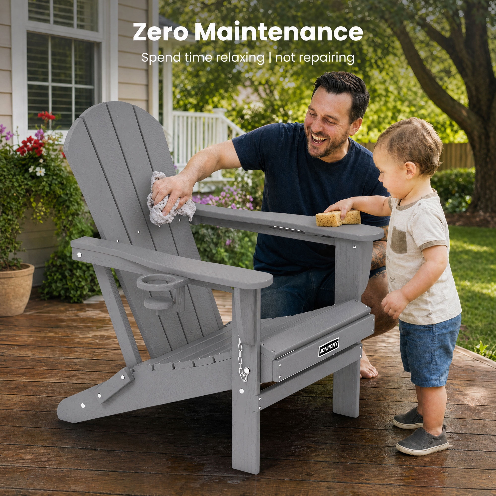 JONPONY Folding Adirondack Chair - HDPE All-Weather Outdoor Chairs, Patio Chairs Outdoor Wood Like Adirondack Chair for Backyard, Camping, Pool & Fire Pit,Grey
