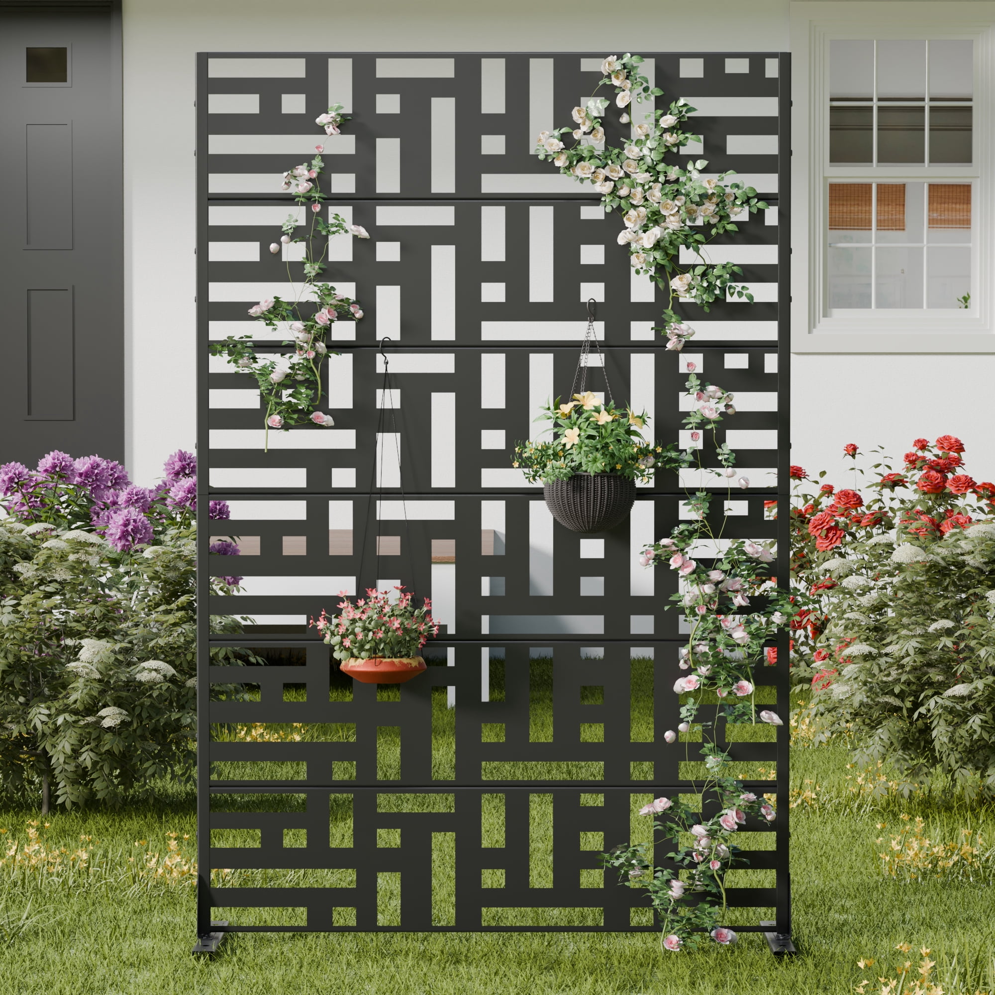 MAYEERTY 2-Piece 72×47" Outdoor Black Metal Privacy Panel Screen for Backyard & Garden, Geometric Maze Pattern