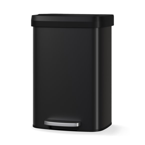 Modern Step-On Kitchen Trash Can – Large Metal Garbage Bin – 13 Gallon / 50L, Soft Close Lid, Odor Control, Liner Rim, Rear Handle, Durable – For Home or Office, Black