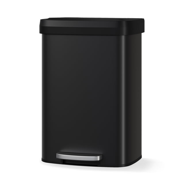 Modern Step-On Kitchen Trash Can – Large Metal Garbage Bin – 13 Gallon / 50L, Soft Close Lid, Odor Control, Liner Rim, Rear Handle, Durable – For Home or Office, Black