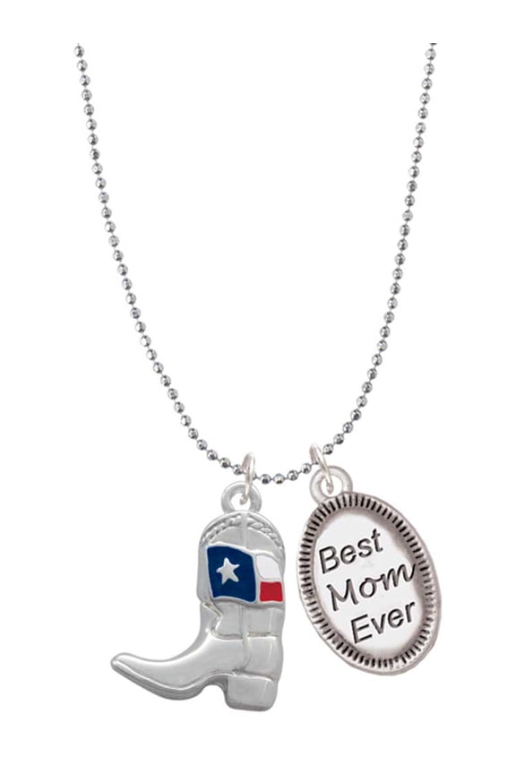 Silvertone Cowboy Boot with Texas Flag Best Mom Ever Charm Necklace