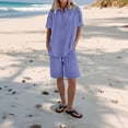 thumbnail image 2 of WULMLEO Women Linen Set 2 Piece Summer Outfits Plus Size Short Sleeve Shirt and Bermuda Shorts Lounge Set Casual Matching Set Light Purple L, 2 of 6