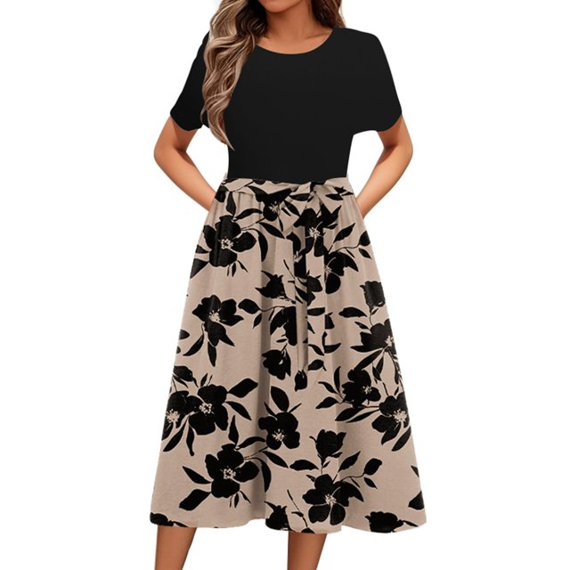 WILLBEST Vestidos De Mujer Vestido Floral Elegante Para Mujer Vestido Midi De Cuello Redondo De Manga Corta Vestido De Playa De Corte A Vestido Ligero Hasta La Rodilla Con Bolsillos