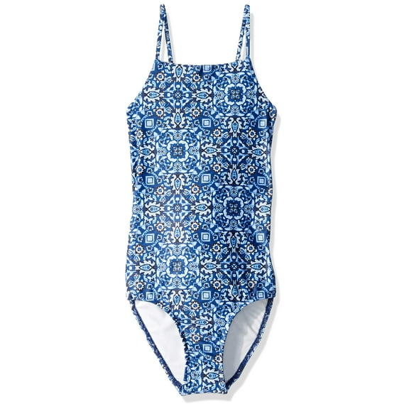 Seafolly Girls' High Neck Tank One Piece Swimsuit, Celestial Batik Boho Blue, 10