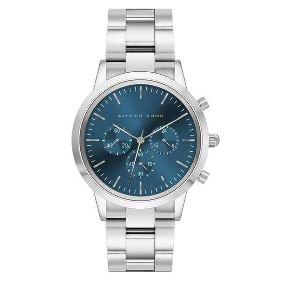Alfred Sung Men's Chronograph Silver Blue Dial Link Watch