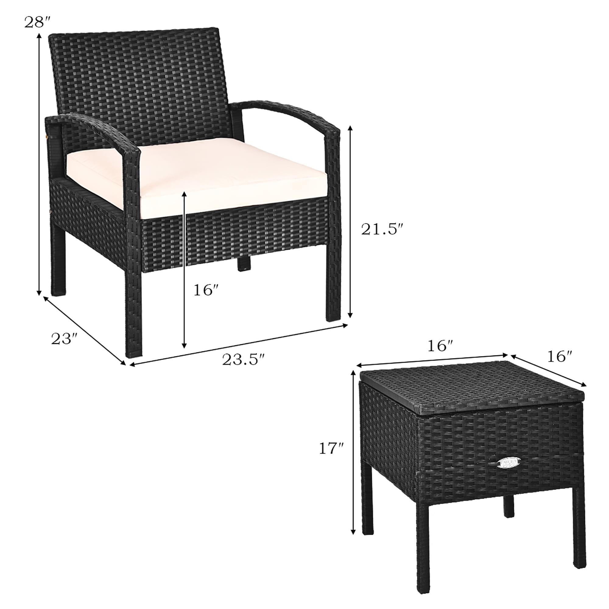 Costway 3PC Outdoor Patio Rattan Furniture Set Storage Coffee Table Cushioned Sofa White