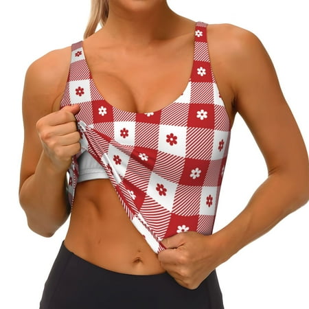 Qokaie Red Plaid Daisy Pattern Womens Scoop Neck Sports Bra Breathable Workout Vest Padded U Back Medium Impact Fitness Gym Yoga Bra Workout Crop Top