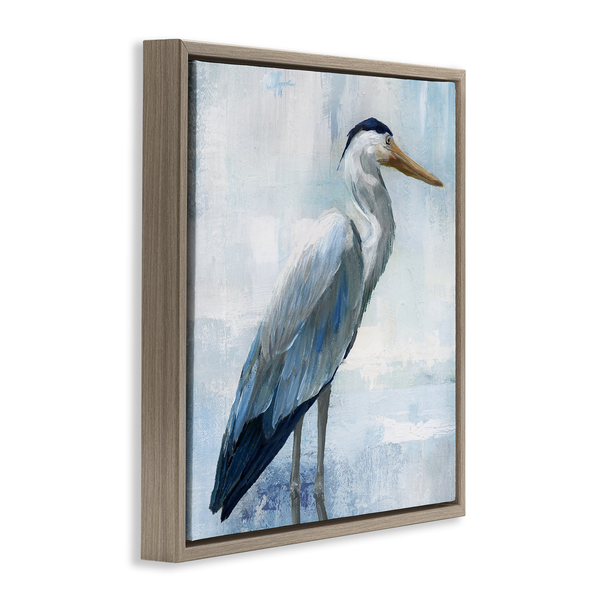 Stupell Industries Serene Blue Heron In Aqua Brown Framed Floater Canvas Wall Art, design by Nan