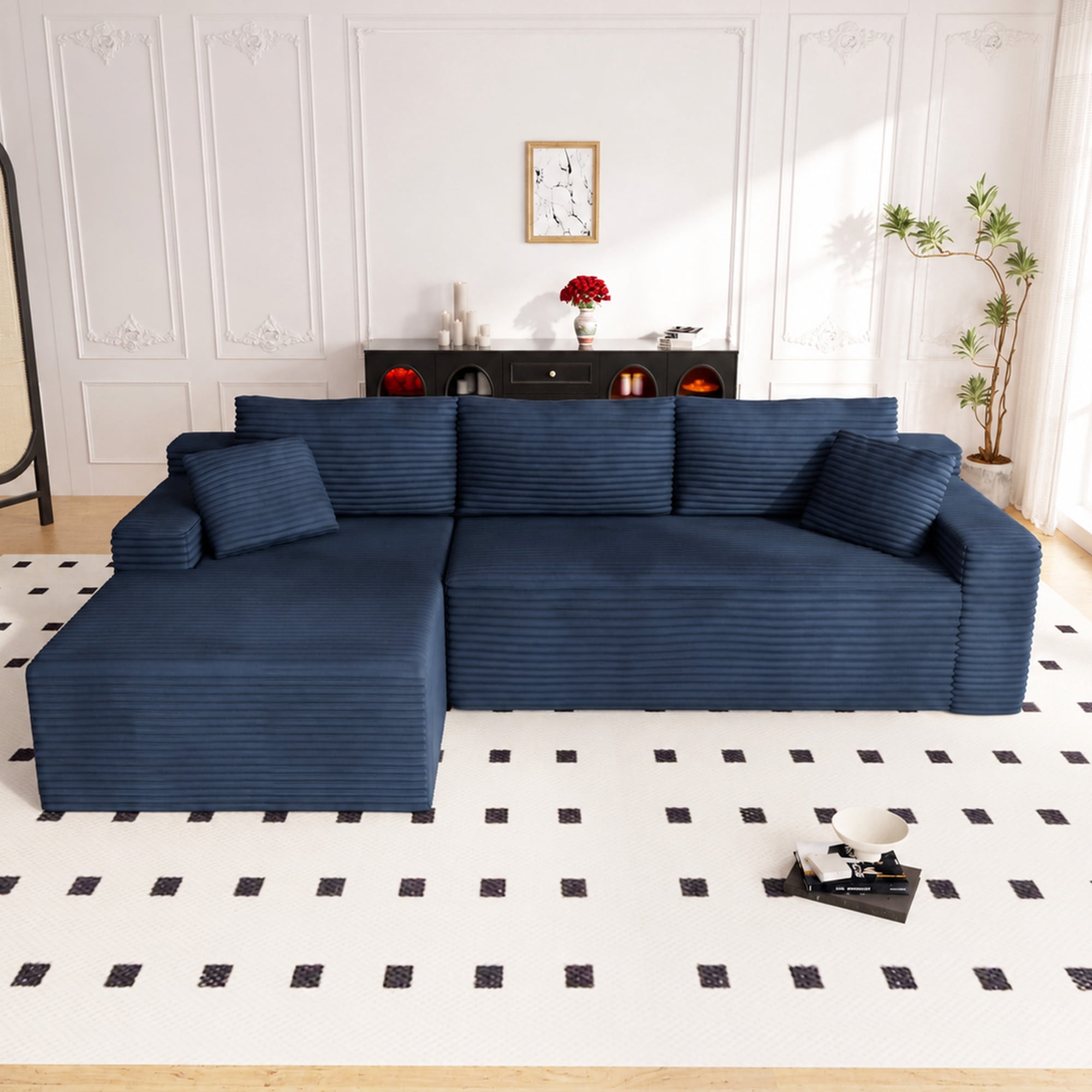 Lunale 105" Modular L-Shaped Sectional Sofa, Boneless Cloud Couch, No Assembly Required, Modern Deep Seat Corduroy Sofa for Living Room, Blue (Left Facing Chaise)
