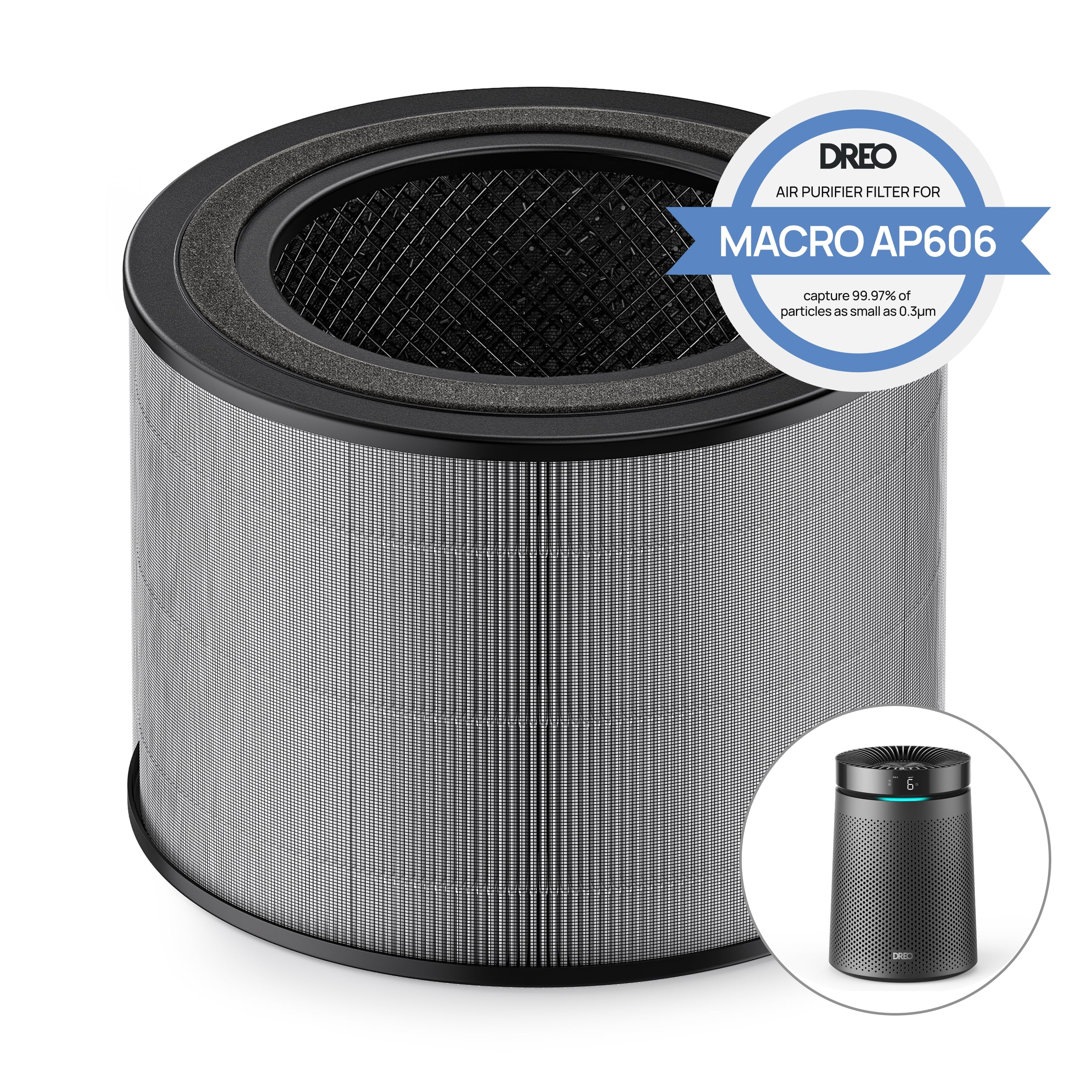 DREO True H13 HEPA Replacement Filter for Macro DR-HAP606 and DR-HAP606S Air Purifiers, 3-Stage Filtration, 1 Pack
