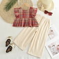 thumbnail image 3 of IVEYRTF Girls Summer Outfit Flutter Sleeve Plaid Peplum Top Solid Color Wide Leg Pants 2PC Set Kids Trendy Casual Outfit Fashion Set(Watermelon Red,5-6 Years), 3 of 7