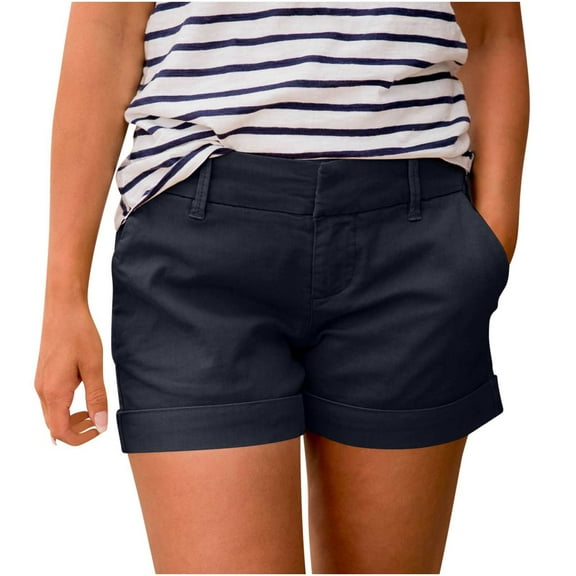 CQONEPT Womens Chino Pants with Pocket Elastic Waistband Shorts Casual Stretchy Hiking Travel Cargo Shorts Navy S