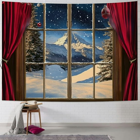 Fenyluxe Winter Tapestry Wall Hanging Snow Scene Outside Vintage Window Tapestries Red Christmas Balls New Year Wall Decor Blanket for Bedroom Living Room Holiday Party 40x30inch