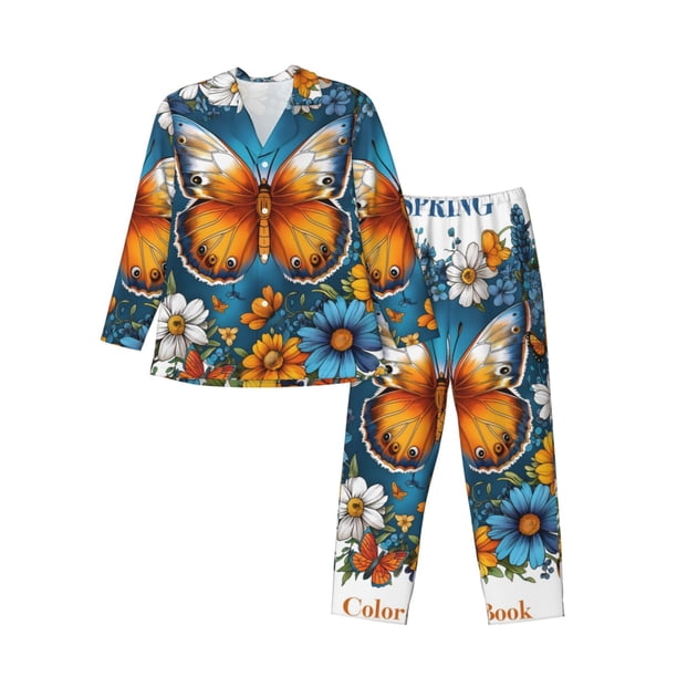 Balery Spring Butterfly Flowers Pijama para Hombre de Dos Piezas con Manga Larga, Conjunto de Dormir y Descanso Suave con Bolsillos-X-Large