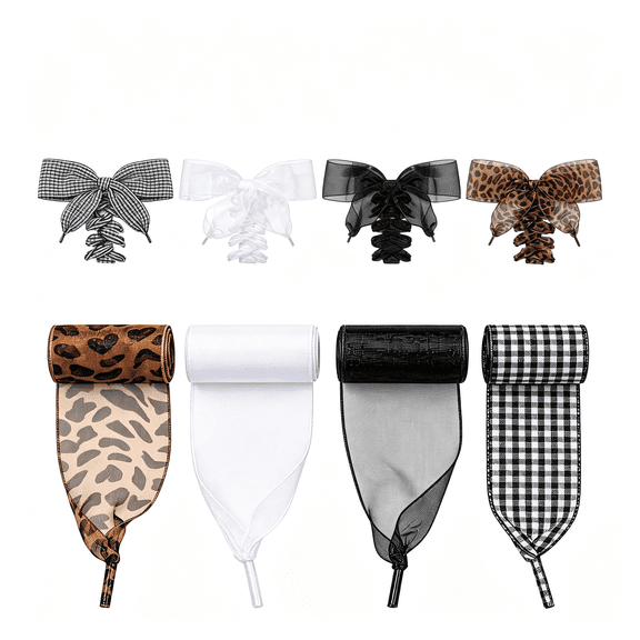 BZCOE 4 Pairs Ribbon Shoelaces, Black White Silk Satin Wide Gingham Plaid Shoelaces Leopard Print Decorative Accessory for Casual Canvas Shoes Sneakers Ribbon Shoe Laces Women