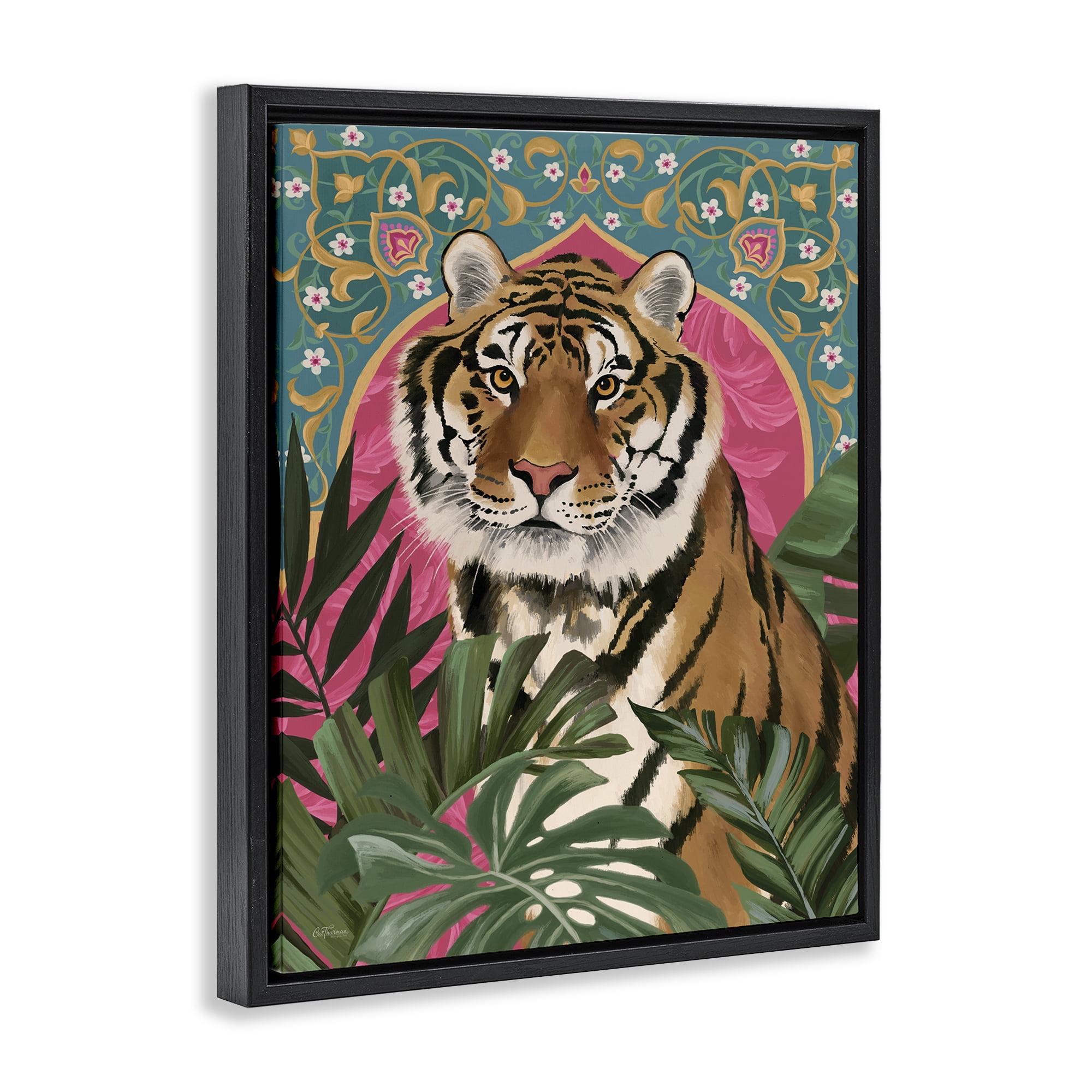 Stupell Industries Arabesque Tiger & Plants Animals Painting Black Floater Framed Canvas Art Print Wall Art, 17 x 21