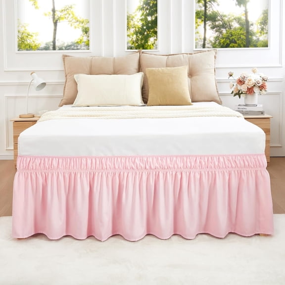 AUQ Pink Full Size Bed Skirt 14 Inch Drop,Elastic Wrap Around Dust Ruffle Bed Skirting Easy to Install,Adjustable Tailored Bedskirts Fade & Wrinkle Resistant