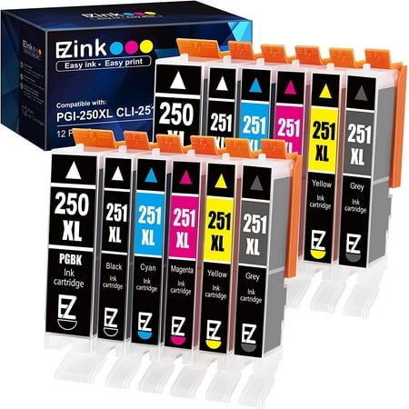 E-Z Ink 250 251XL Ink Cartridge Replacement for Canon PGI-250XL PGI250 XL CLI-251XL CLI251 XL Compatible with Pixma IP8720 MG7520 MG7120 MG6320 (12 pack)