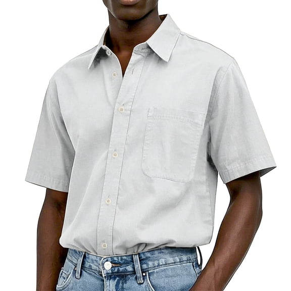 Men's Casual Short Sleeve Button Up Shirts Washed Cotton Turn Down Collar Chest Pocket Lightweight Tops,White,XXXL