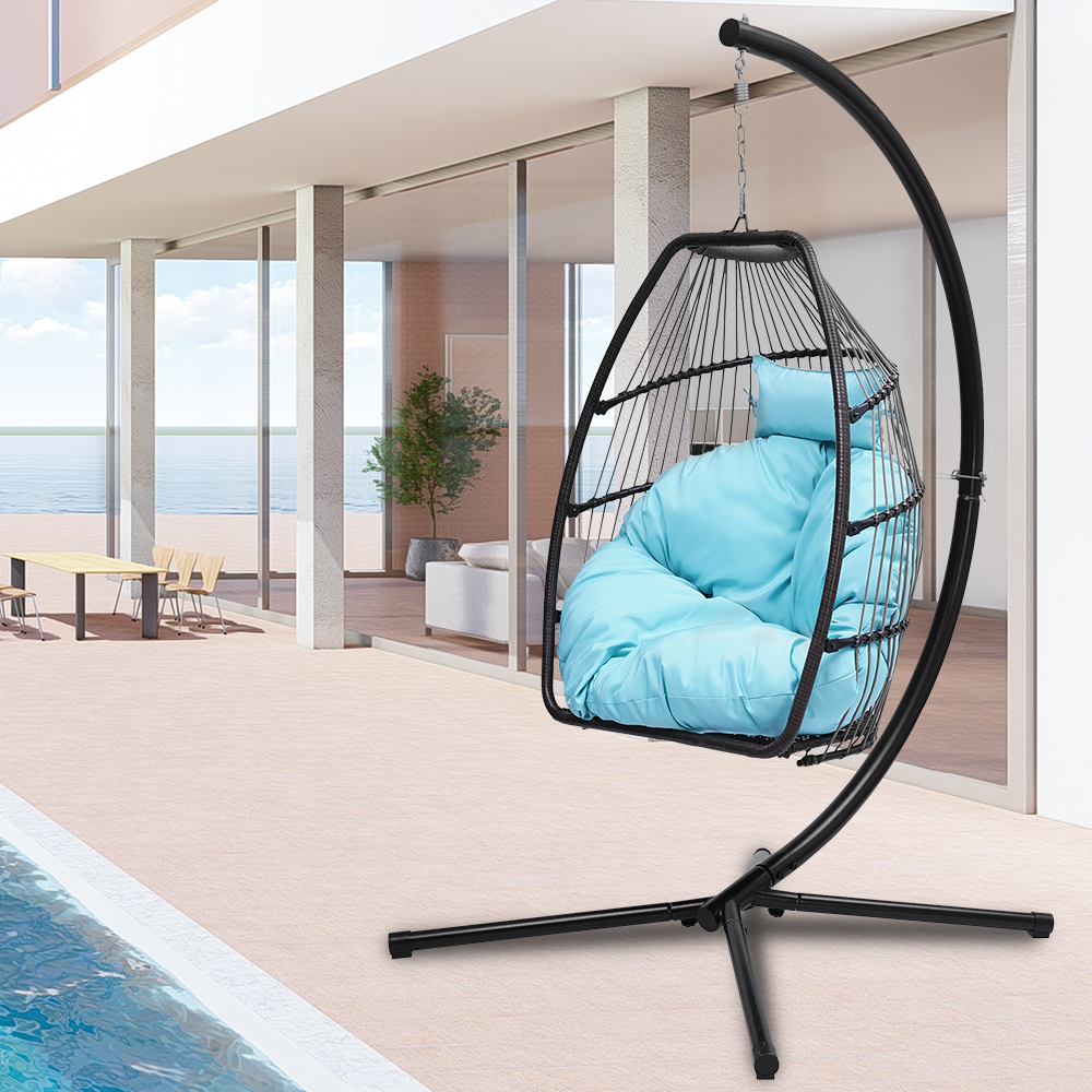 Wicker Hanging Egg Chair with Stand, Hammock Egg Chairs with Hanging Kits, Soft Cushion & Pillow, Large Swing Lounge Chair, Outdoor Indoor Patio Balcony Bedroom Relaxing Basket Chair, B045 - image 3 of 11