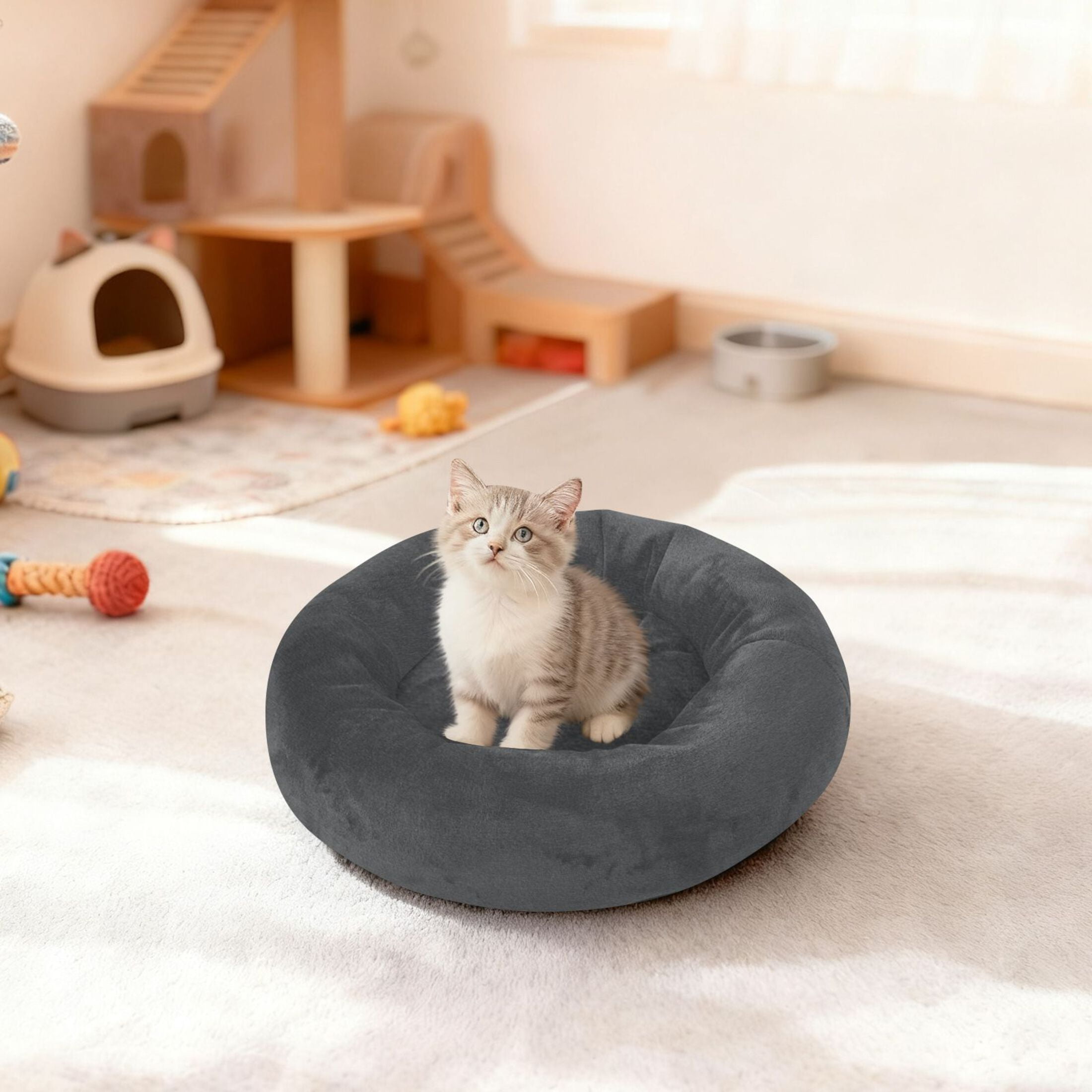 Iauyy Pet Couch Donut Cat Bed for Indoor Cats/Small Dogs Washable & Machine with Non-slip Bottom Calming Cat Furniture, Dark Gray Solid Color (M)