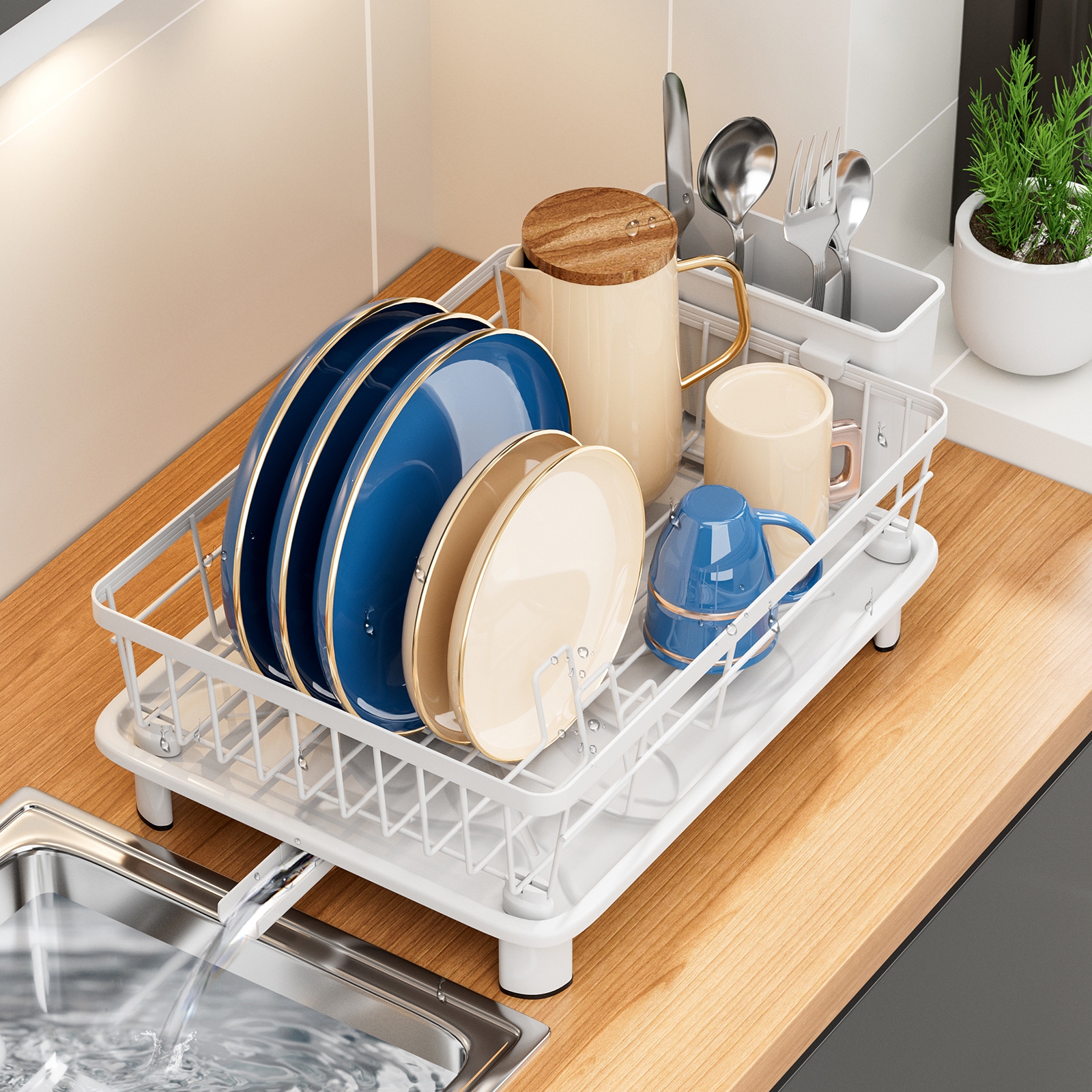 Bxaolu Small Dish Drying Rack, Compact Dish Rack for Kitchen Counter, Stainless Steel Dish Drainer, Space Saving Plate Rack, Dish Strainer with Cutlery Holder(Black, 11" Wx 14.9L" x 5"H)
