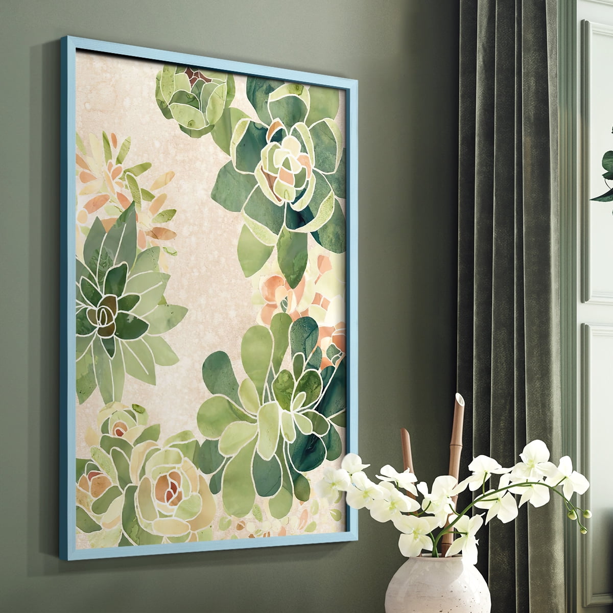 Stained Glass Succulents II Framed Print in Blue Solid Wood Framed Print No Nail Hanging