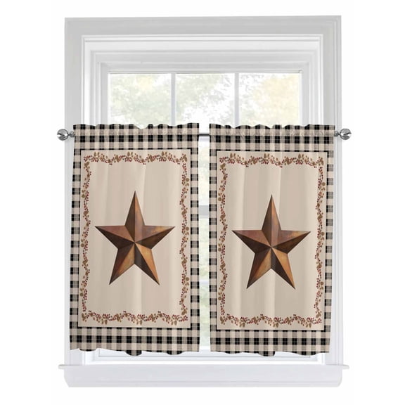 Western Texas Star Retro Living Room Curtains 2 Panel, Rustic Vintage Berry Black Beige Plaid Cafe Window Treatment, Farmhouse Bedroom Bathroom Kitchen Curtains Drapes 104"x45"