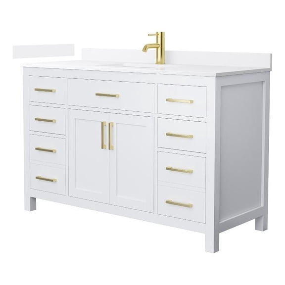 Beckett 54" White Single Vanity & White Quartz Top (1-Hole) & Gold Trim
