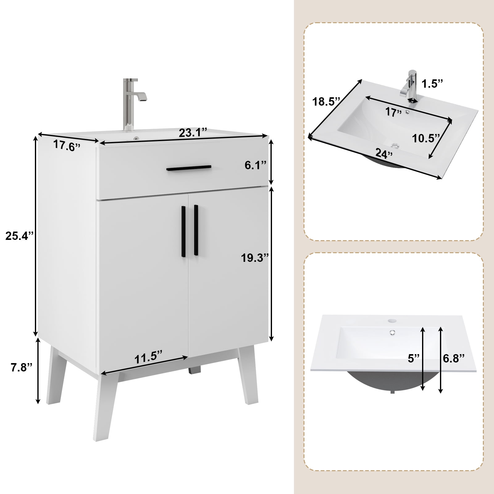 24" Bathroom Vanity with Sink, Vanity Combo with Two Soft Close Cabinet Doors, Modern Single Bathroom Cabinet Set with Metal Handles (White with Sink, 24)