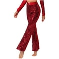 thumbnail image 2 of TiaoBug Women Sequin Flared Trousers High Waisted Sparkly Wide Leg Trousers Bell Bottom Pants Burgundy S, 2 of 7