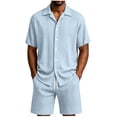 thumbnail image 2 of Men's 2 Piece Jacquard Textured Beach Outfits Summer Casual Button Down Shirts and Shorts Matching Sets Big and Tall Size S-3XL Light Blue, 2 of 7