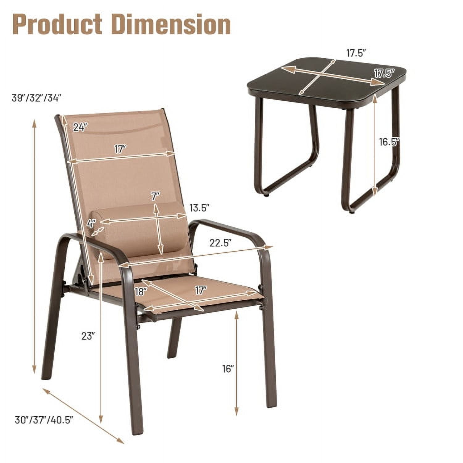 Aimee Lii 3 Pieces Outdoor Patio Furniture Set, Patio Bistro Furniture Set with Adjustable Backrest, Brown