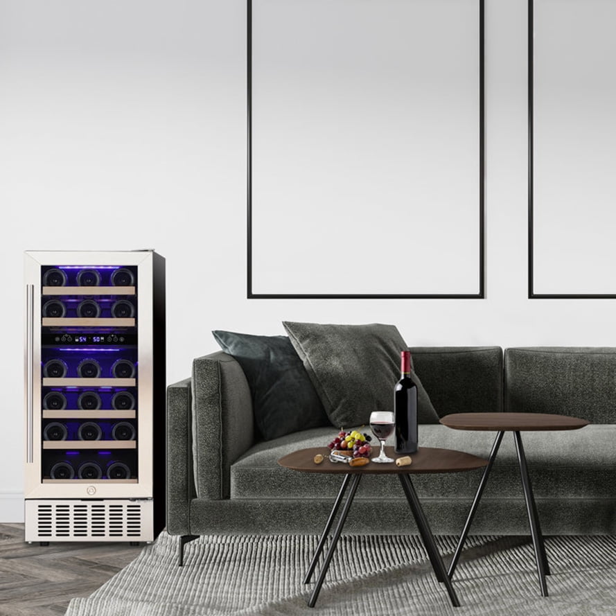 KNDKO 15" Wine Cooler Refrigerator, 28 Bottles Dual Zone Freestanding Fridge with Stainless Steel & Double-Layer Tempered Glass Door
