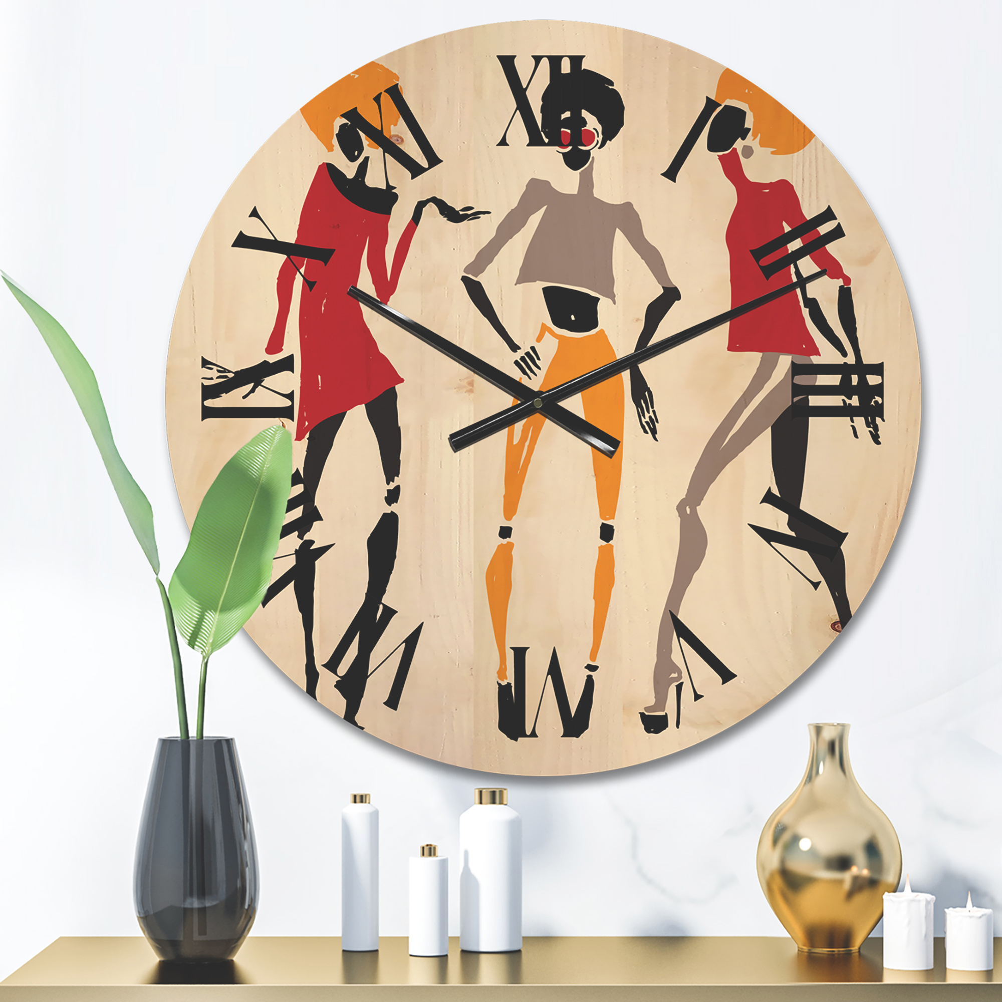 Designart 'African American Women Silhouettes Red and Yellow I' Modern Wood Wall Clock