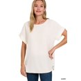 thumbnail image 2 of Zenana Women & Plus Round Neck Heavy Woven Boat Neck Rolled Short Sleeve Blouse Top, 2 of 5